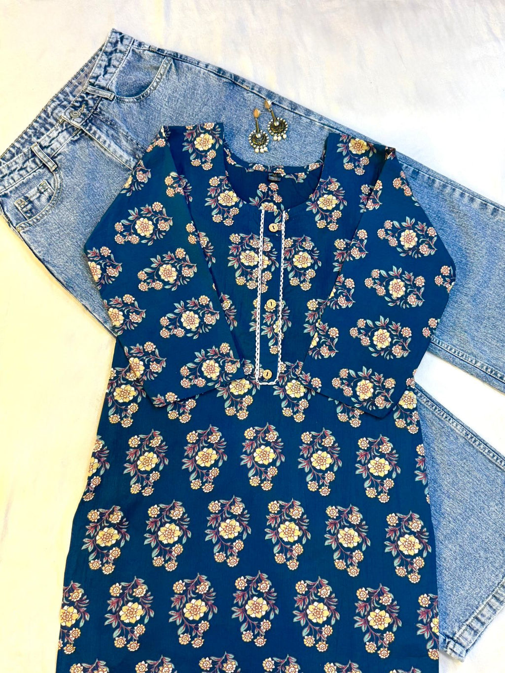 Blue Floral Printed Single Cotton Kurti
