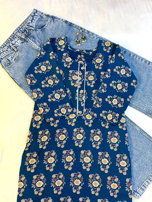 Blue Floral Printed Single Cotton Kurti