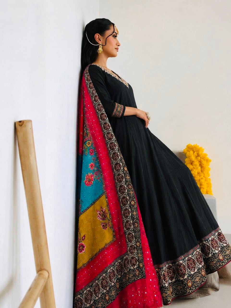 Black Crepe Silk Anarkali Suit with Multicoloured Printed Dupatta