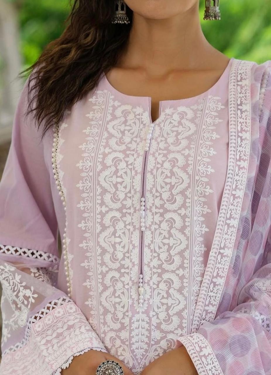 Mul Cotton Pakistani Suit with Organza Detailing - Purple