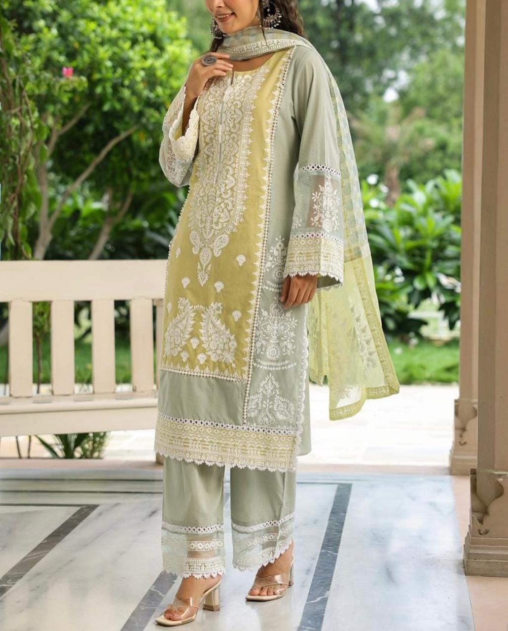 Mul Cotton Pakistani Suit with Organza Detailing