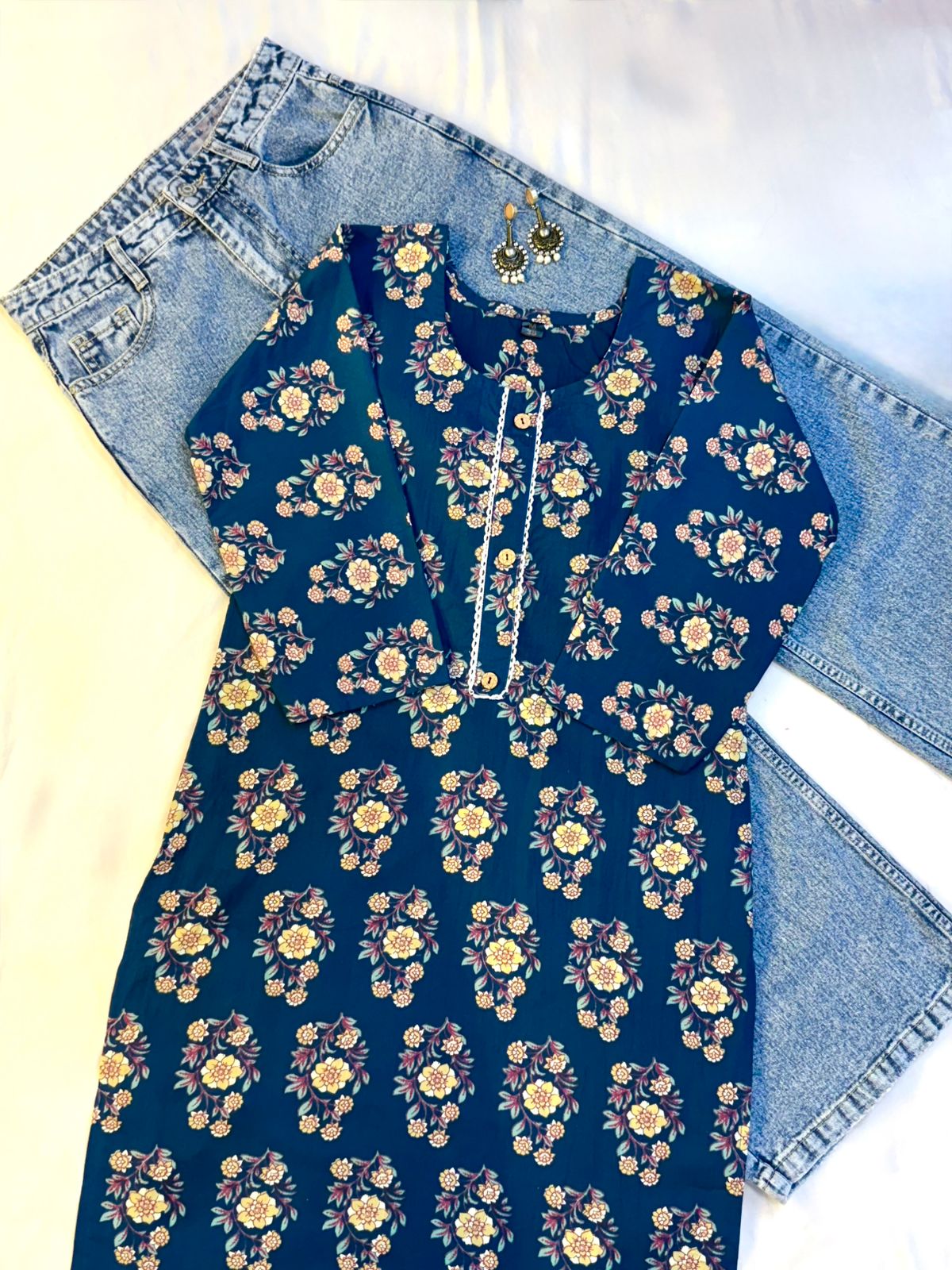 Blue Floral Printed Single Cotton Kurti