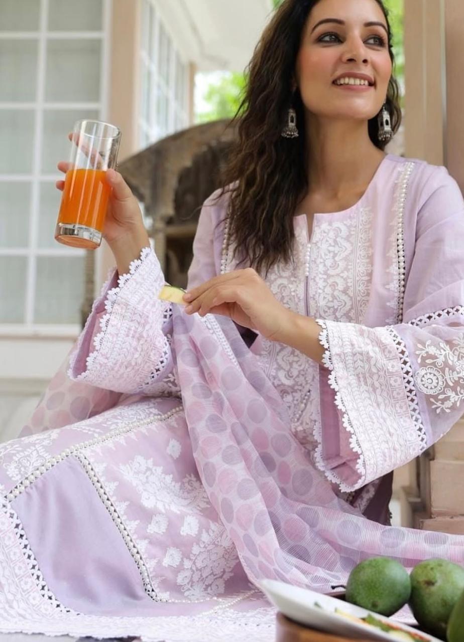 Mul Cotton Pakistani Suit with Organza Detailing - Purple