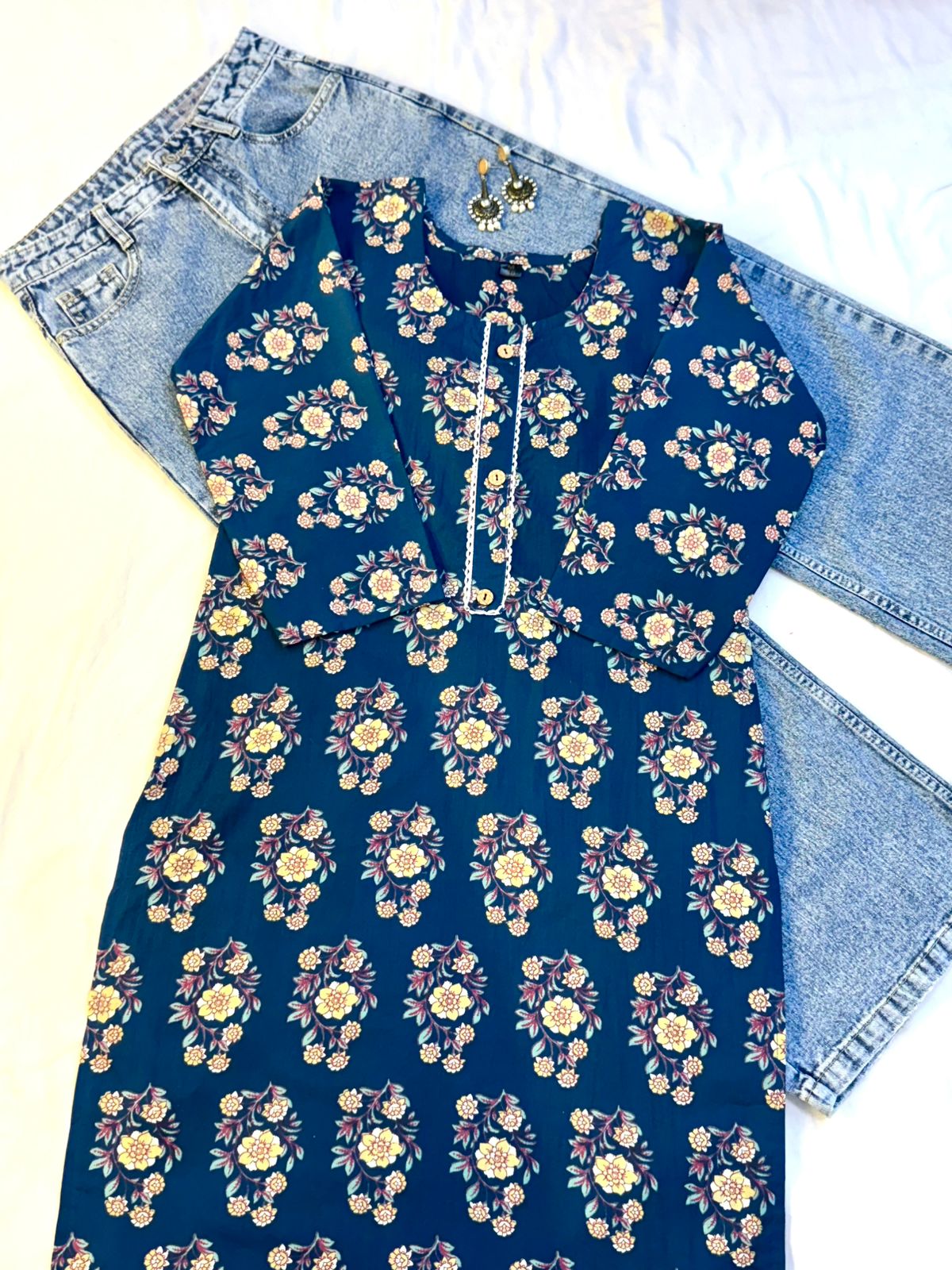 Blue Floral Printed Single Cotton Kurti
