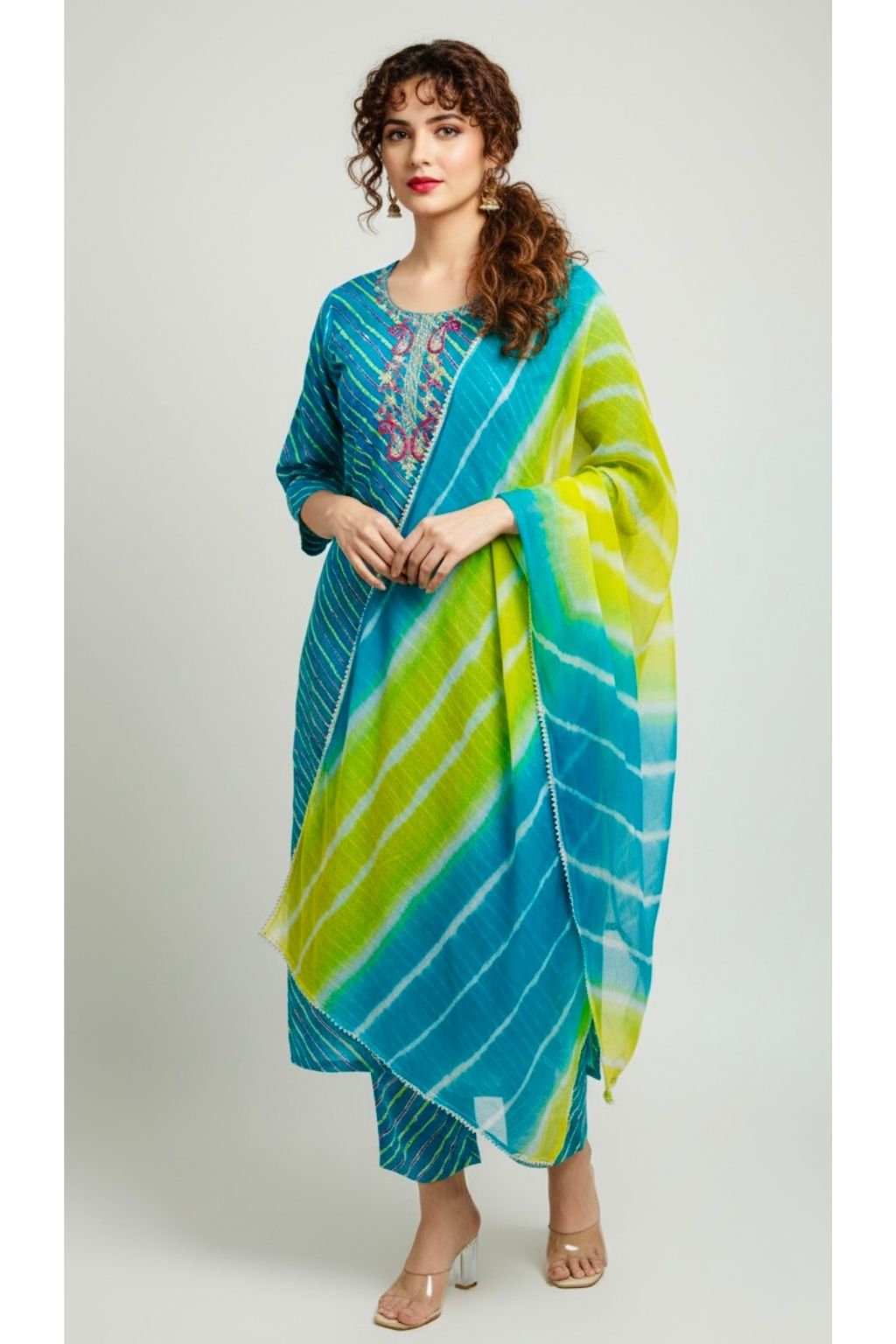 Teal & Lime 3-Piece Cotton Suit