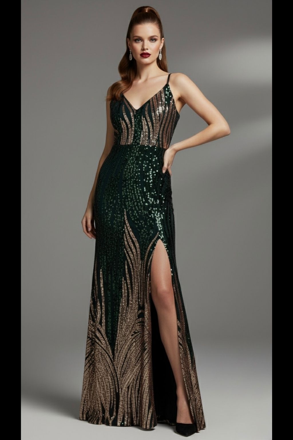 Green & Gold Embellished Party Gown