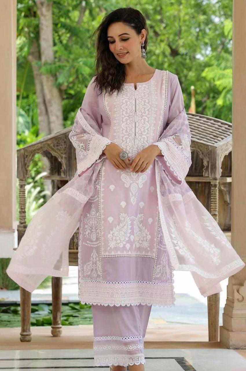 Mul Cotton Pakistani Suit with Organza Detailing - Purple