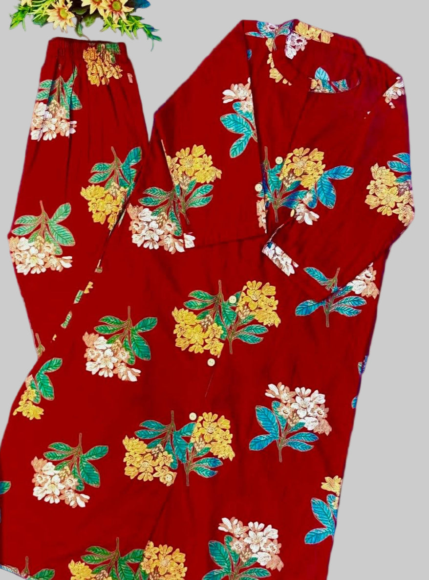 Crimson Blossom Cotton Co-ord Set
