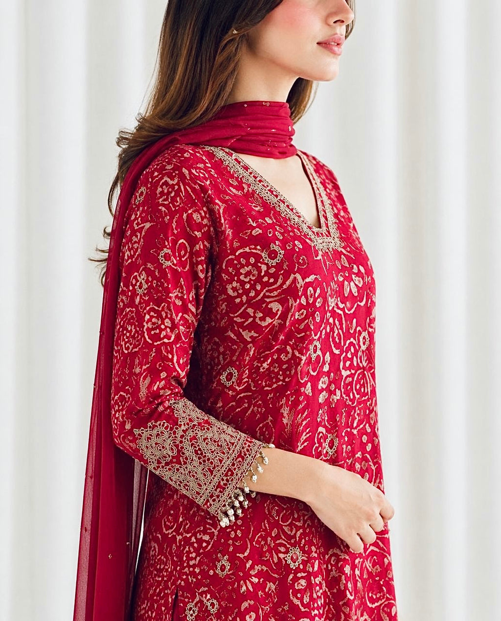 Red Chinon Batik Printed Suit with Wide-Flare Palazzo & Embellished Dupatta