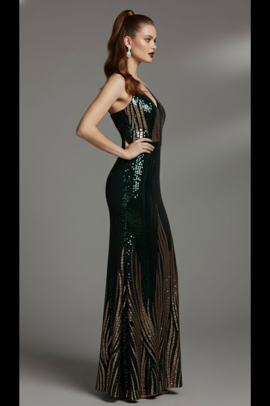 Green & Gold Embellished Party Gown