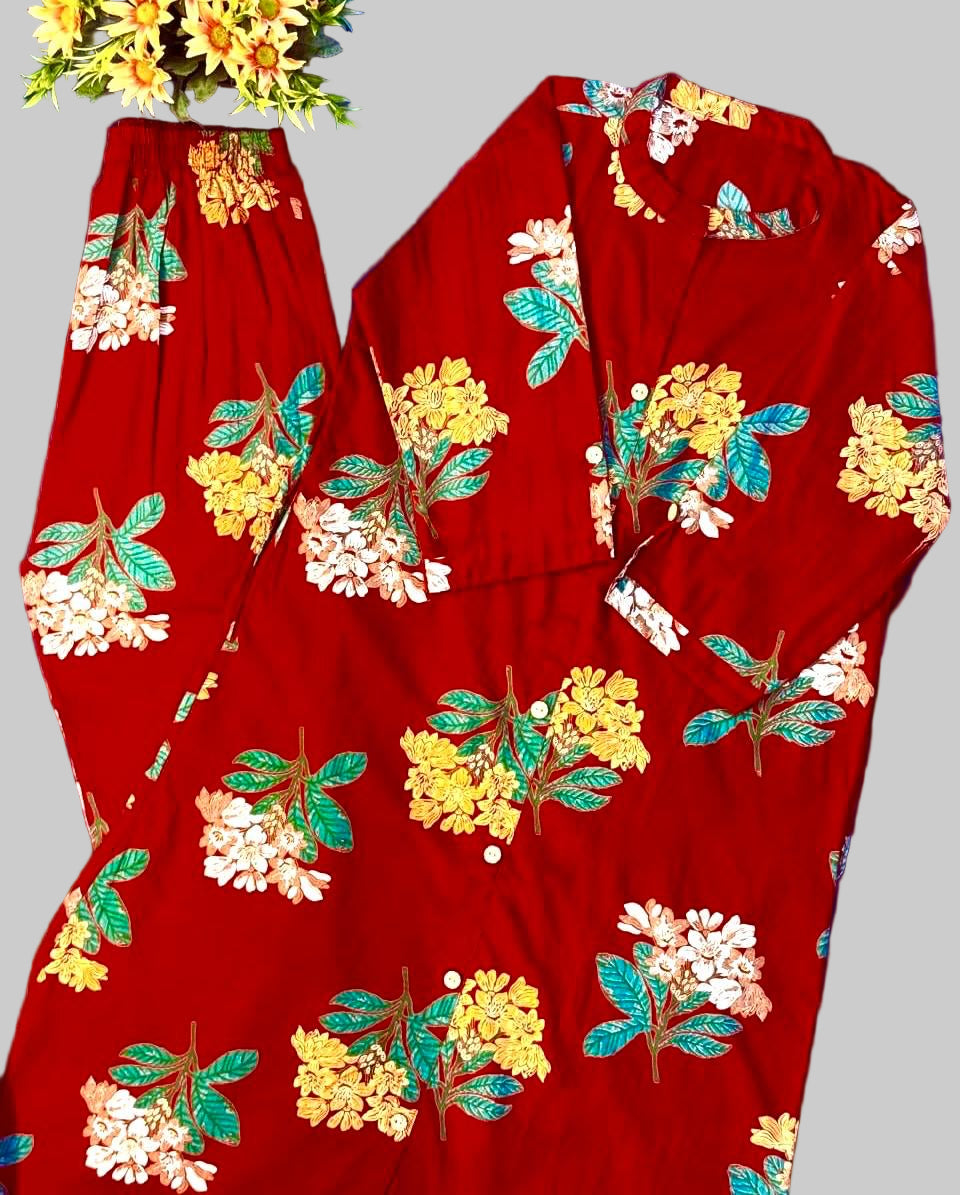 Crimson Blossom Cotton Co-ord Set