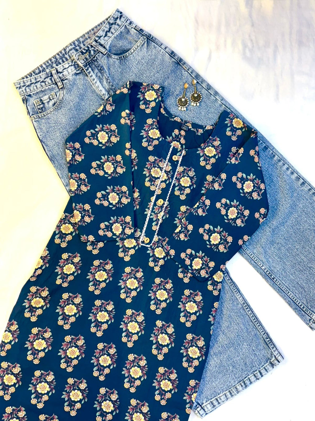 Blue Floral Printed Single Cotton Kurti