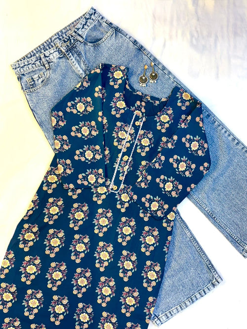 Blue Floral Printed Single Cotton Kurti