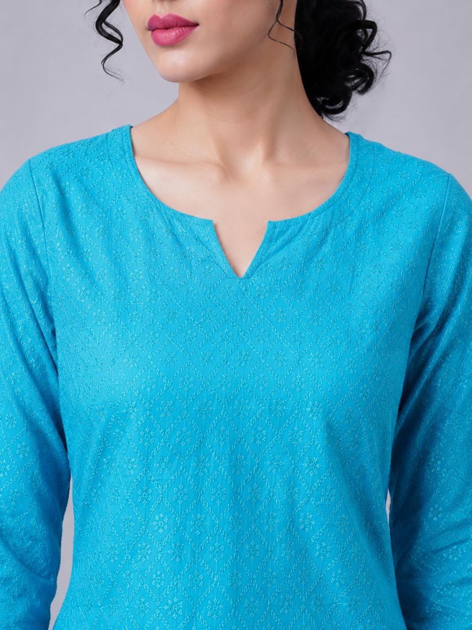 Turquoise Blue Straight Kurti.