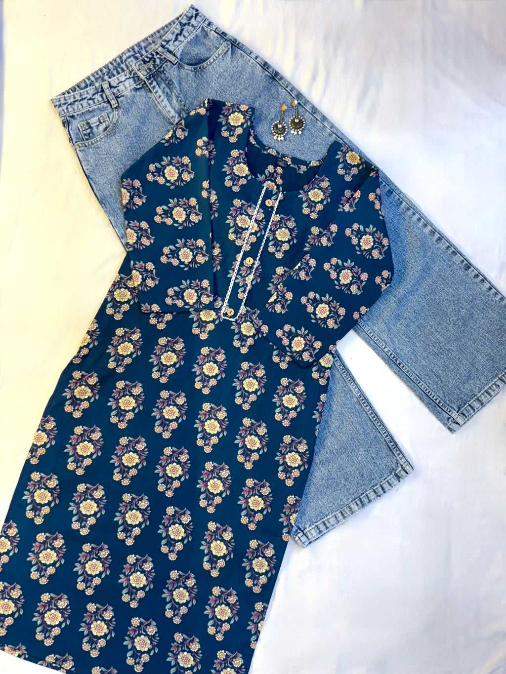 Blue Floral Printed Single Cotton Kurti