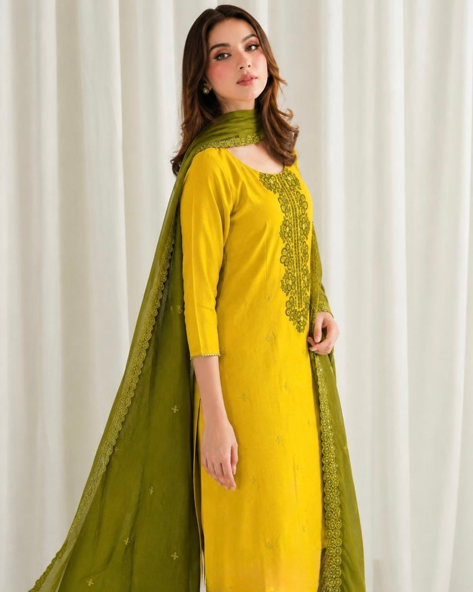 Olive Mustard Cotton Silk Kadai Work Suit Set