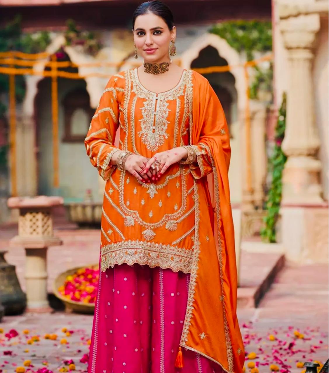 Orange & Pink Embroidered Sharara Set