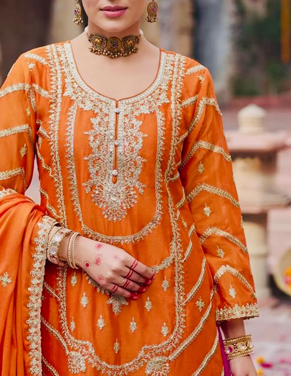 Orange & Pink Embroidered Sharara Set