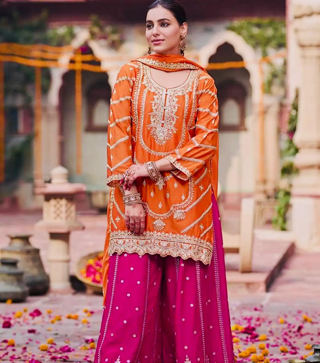 Orange & Pink Embroidered Sharara Set