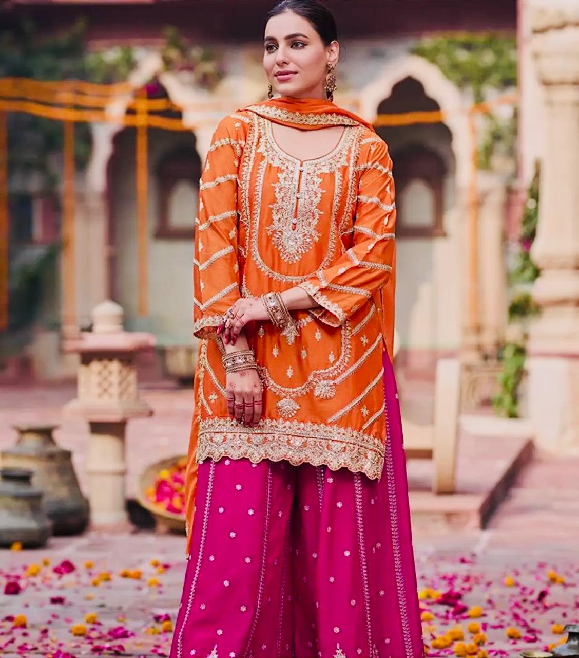 Orange & Pink Embroidered Sharara Set