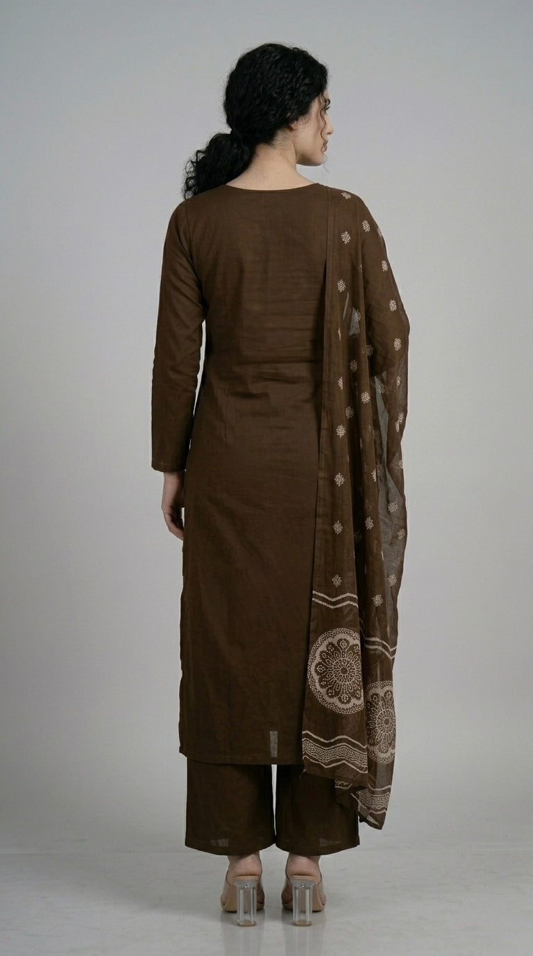 Chocolate Brown Printed Suit Set