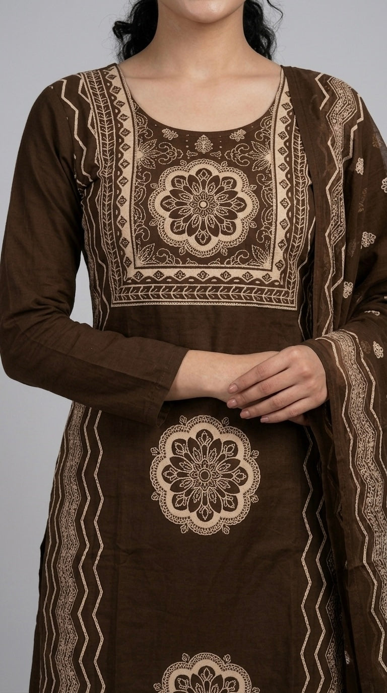 Chocolate Brown Printed Suit Set