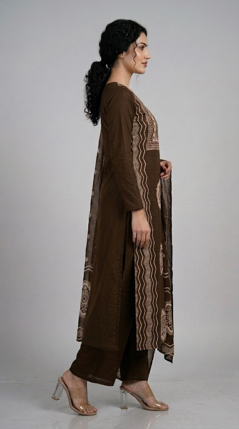 Chocolate Brown Printed Suit Set