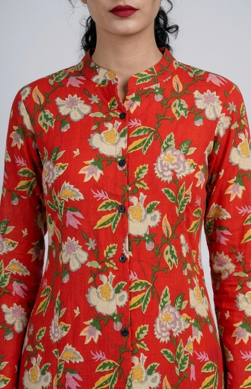 Orange Floral Printed Kurta Two Piece Set