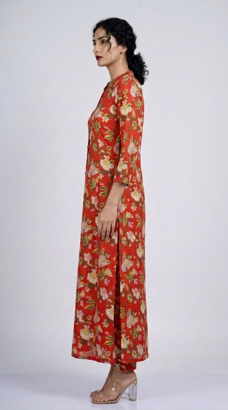 Orange Floral Printed Kurta Two Piece Set