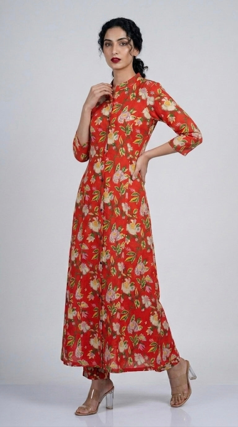 Orange Floral Printed Kurta Two Piece Set