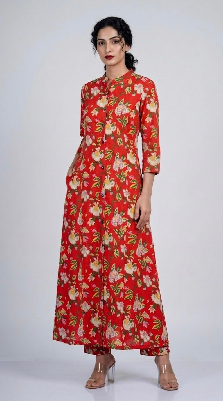 Orange Floral Printed Kurta Two Piece Set