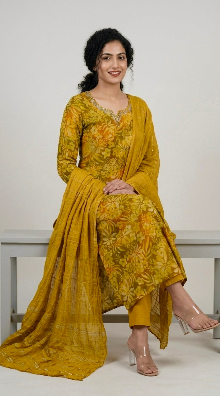 Mustard Yellow Floral Printed Suit Set