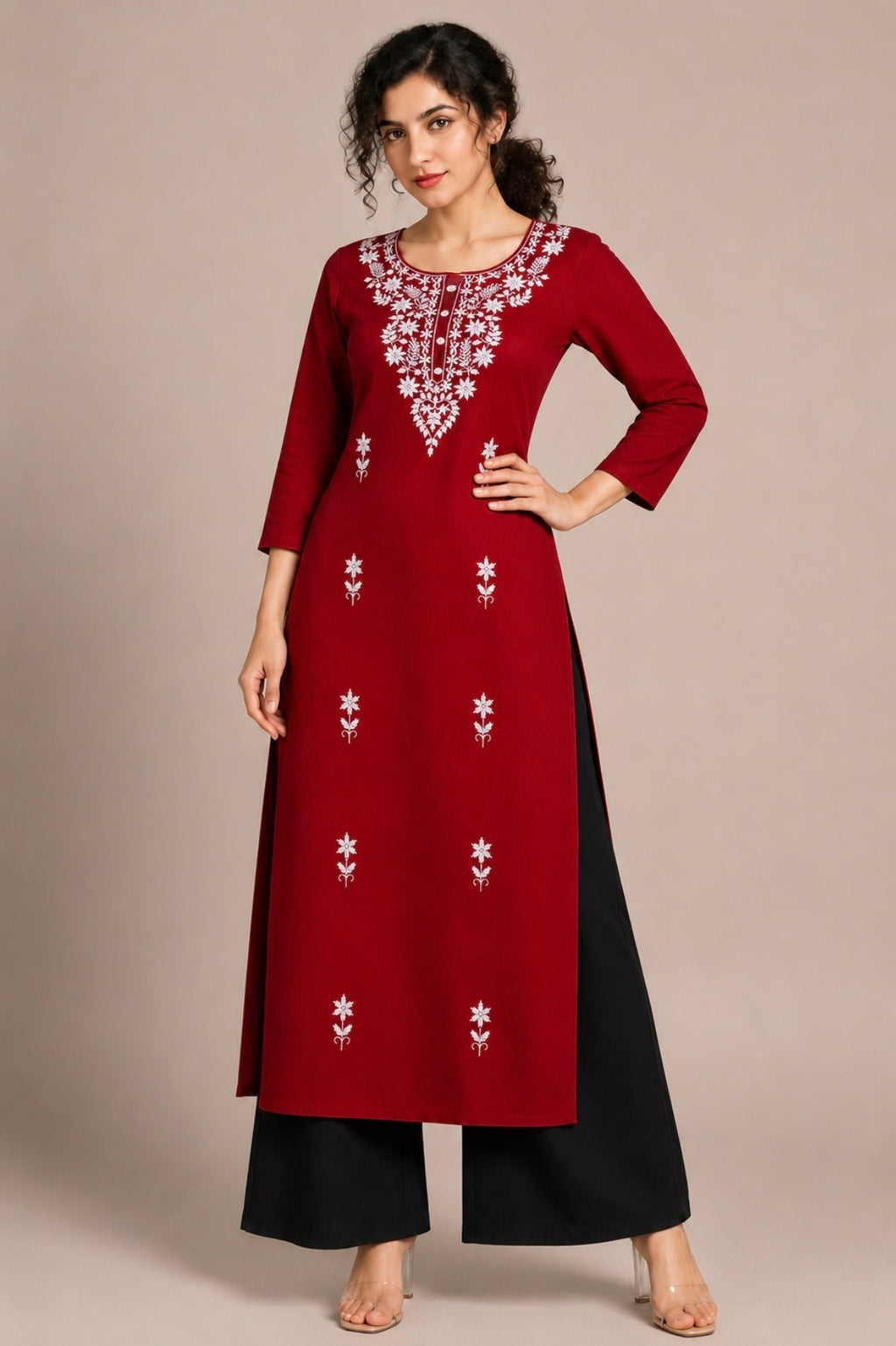 Deep Maroon Embroidered Straight Kurti