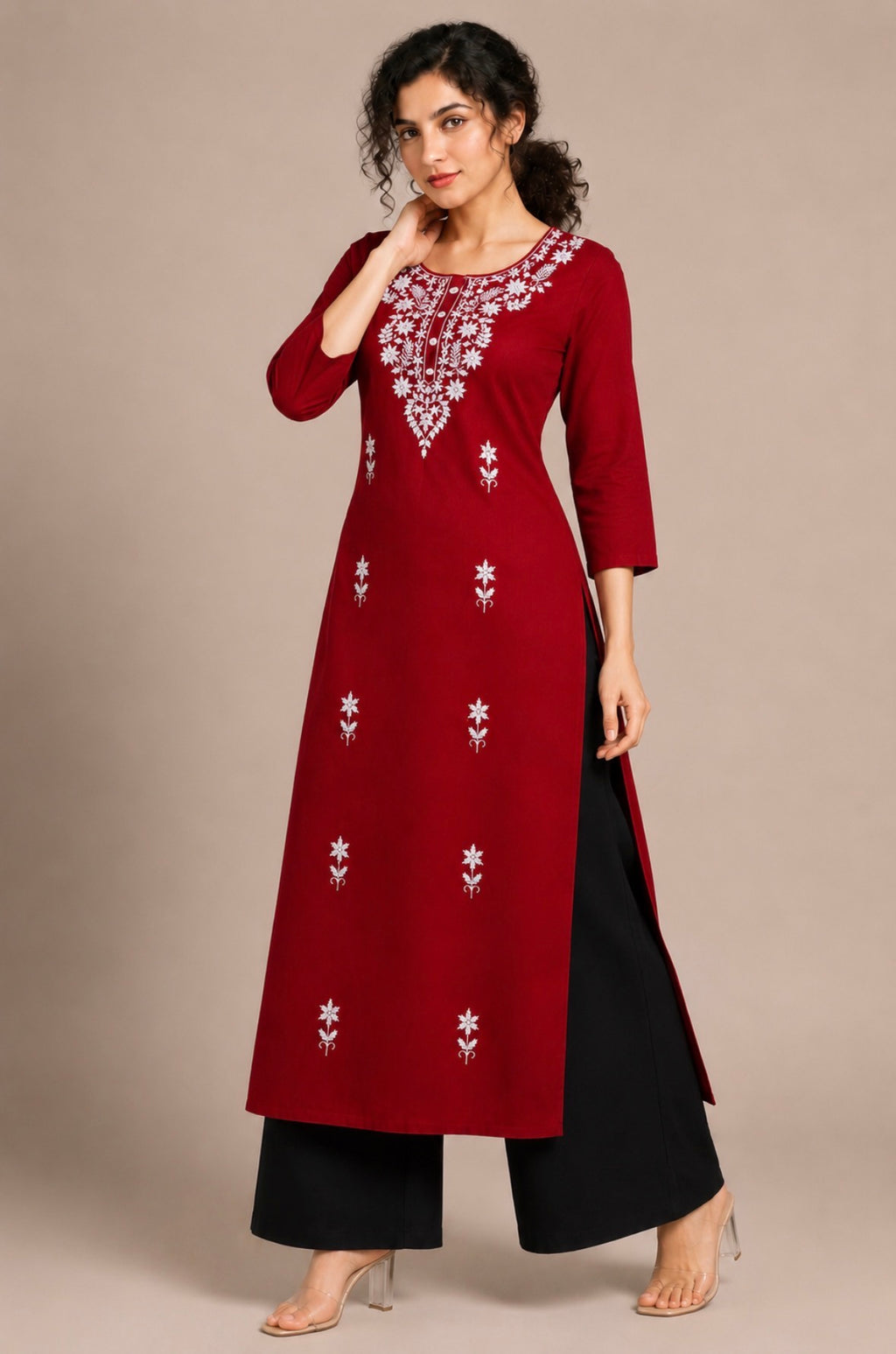 Deep Maroon Embroidered Straight Kurti