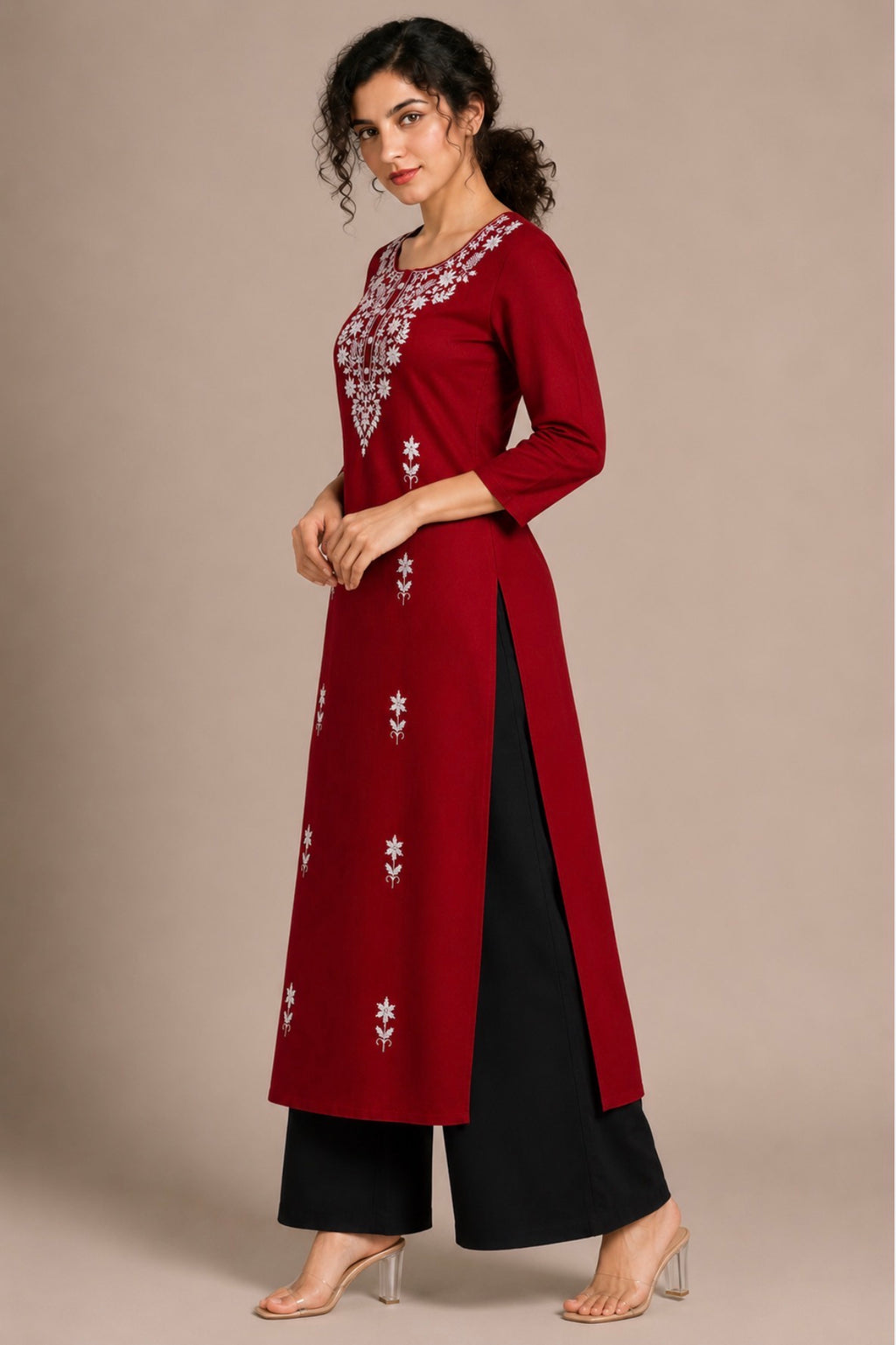 Deep Maroon Embroidered Straight Kurti