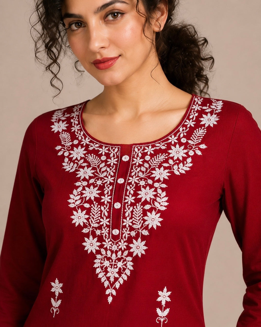 Deep Maroon Embroidered Straight Kurti
