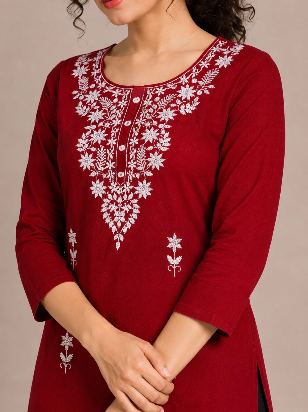 Deep Maroon Embroidered Straight Kurti