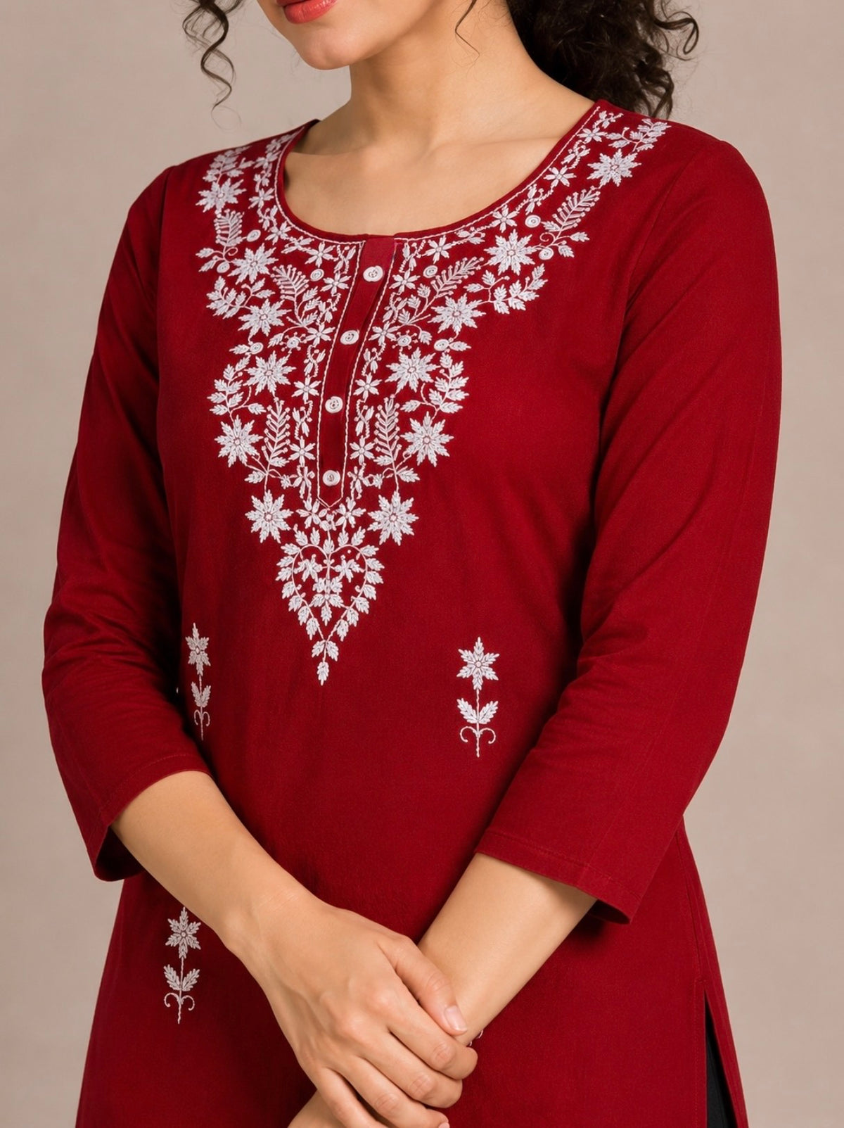 Deep Maroon Embroidered Straight Kurti