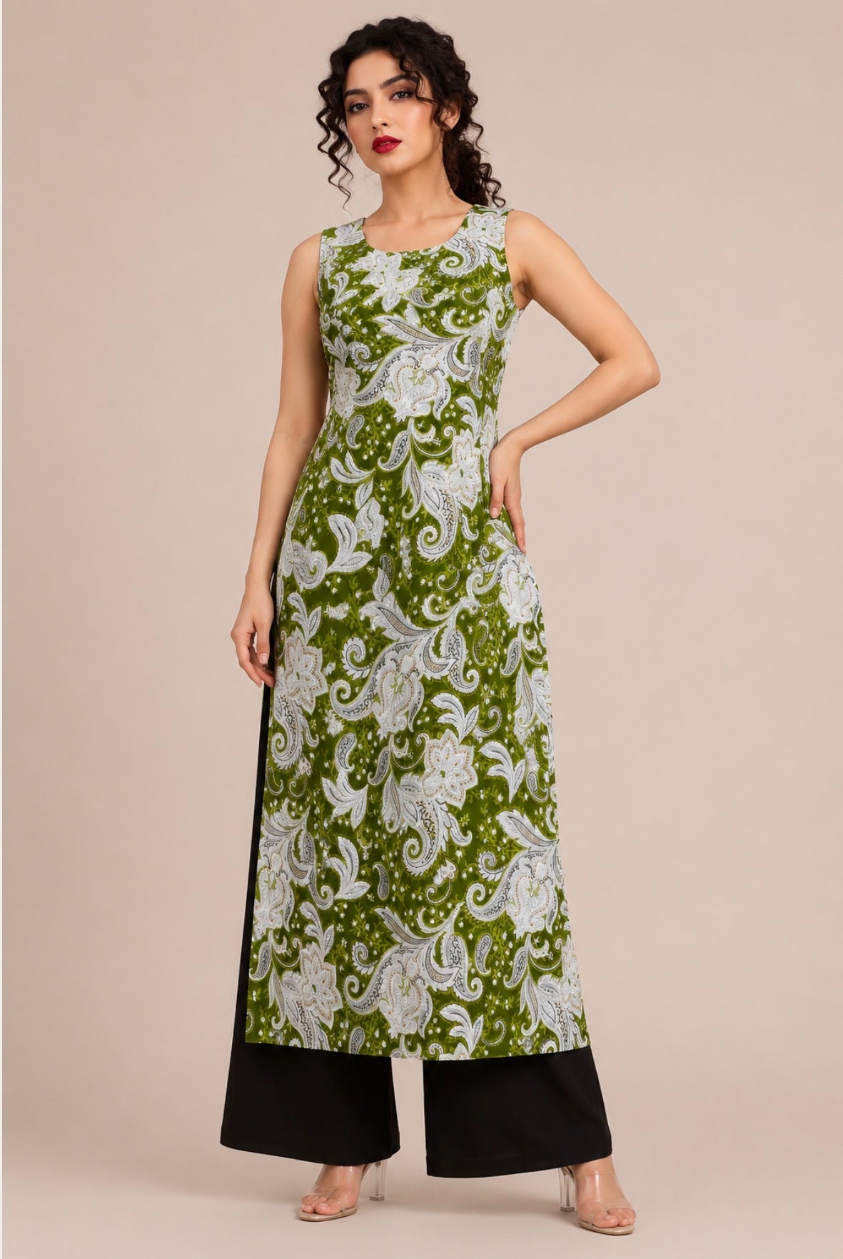 Olive Green Printed Single Straight Kurti