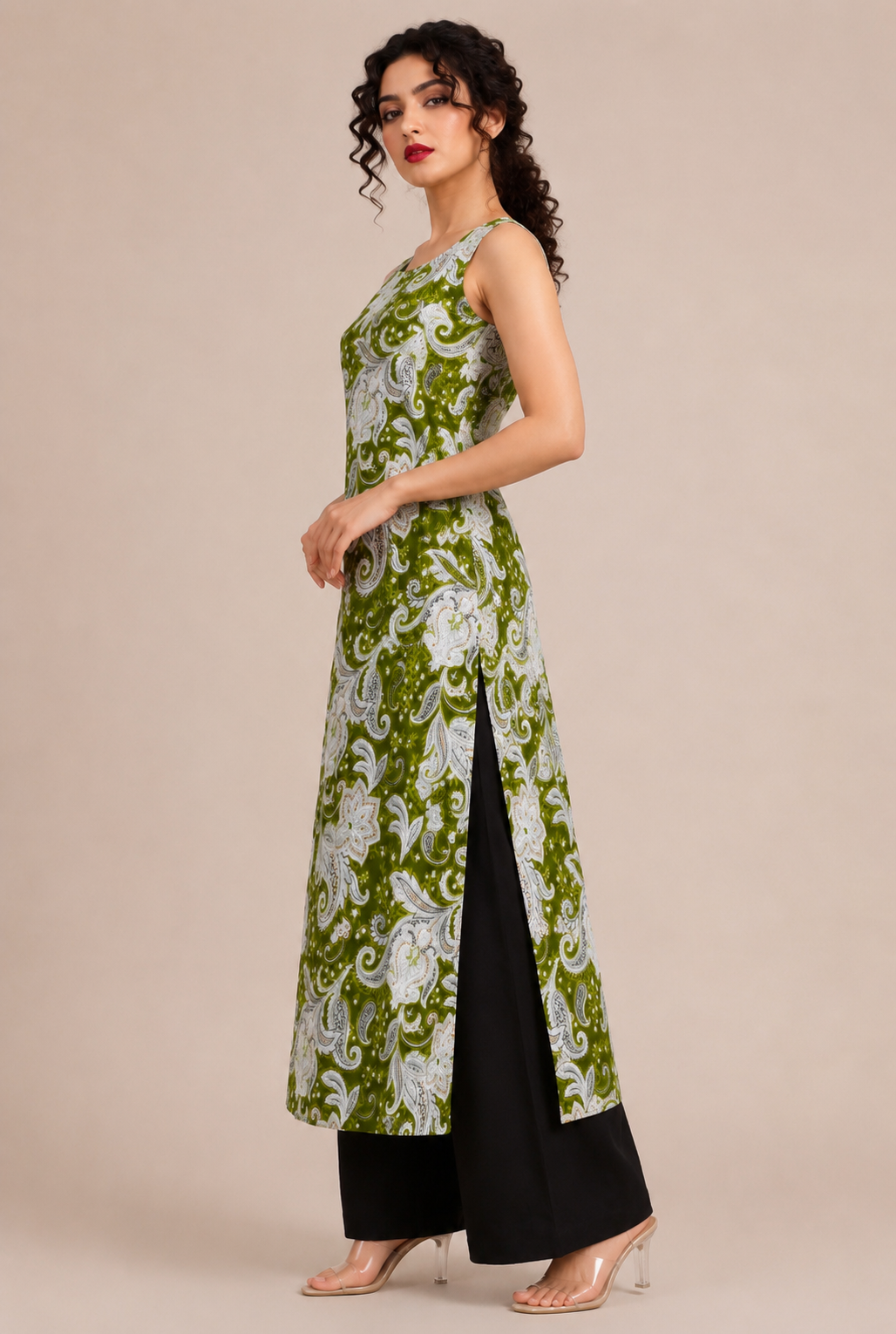 Olive Green Printed Single Straight Kurti