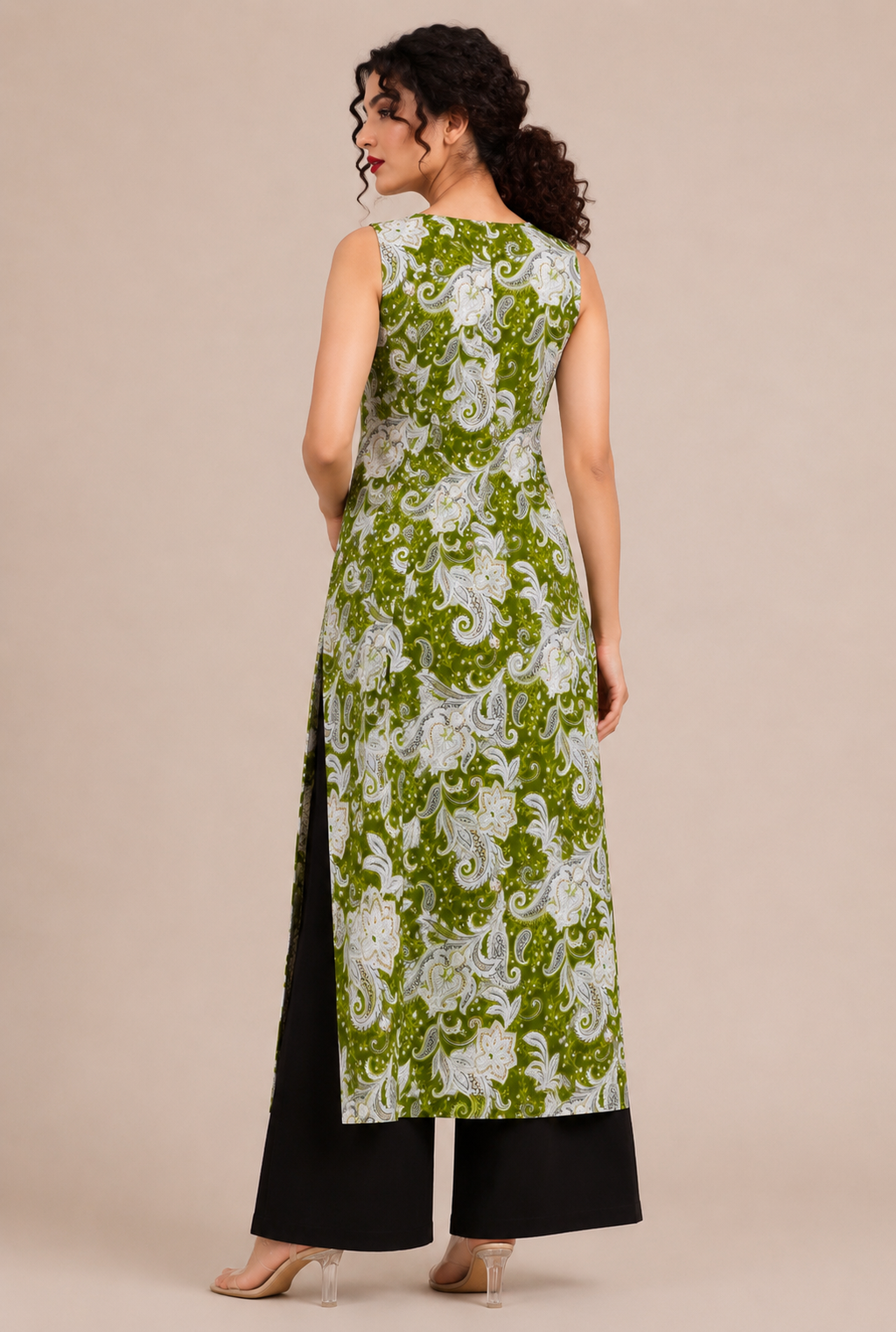Olive Green Printed Single Straight Kurti