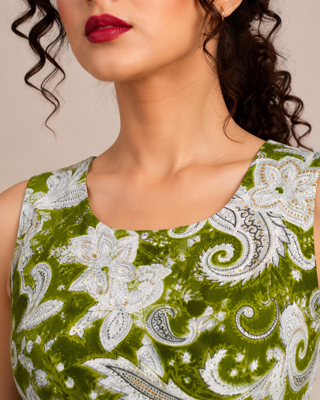 Olive Green Printed Single Straight Kurti