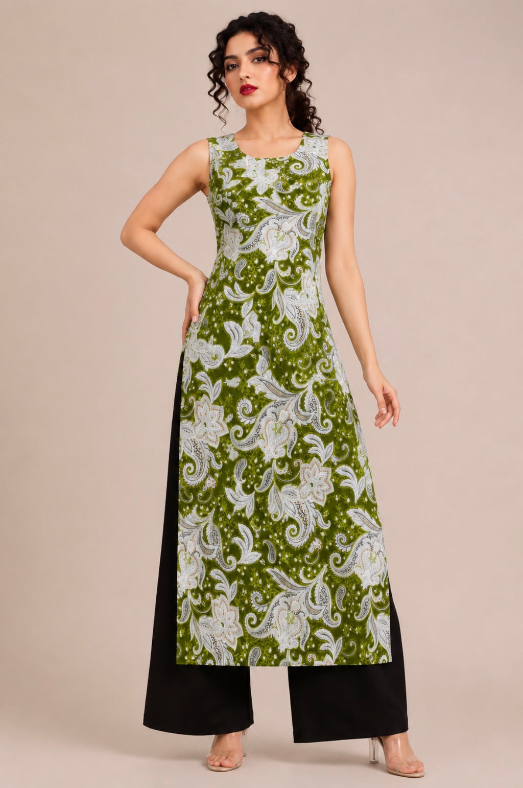 Olive Green Printed Single Straight Kurti
