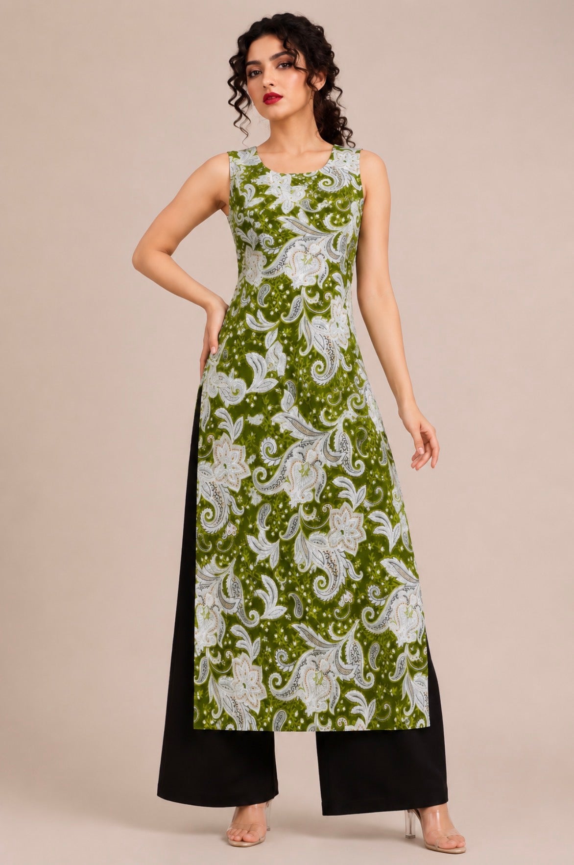 Olive Green Printed Single Straight Kurti