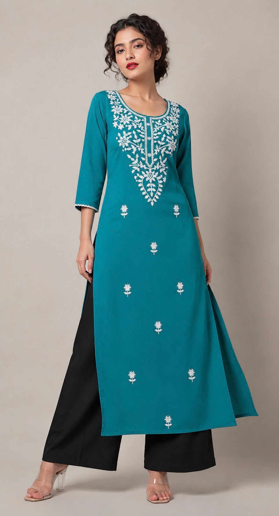 Teal Blue Chikankari Single Straight Kurti.