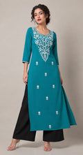 Teal Blue Chikankari Single Straight Kurti.