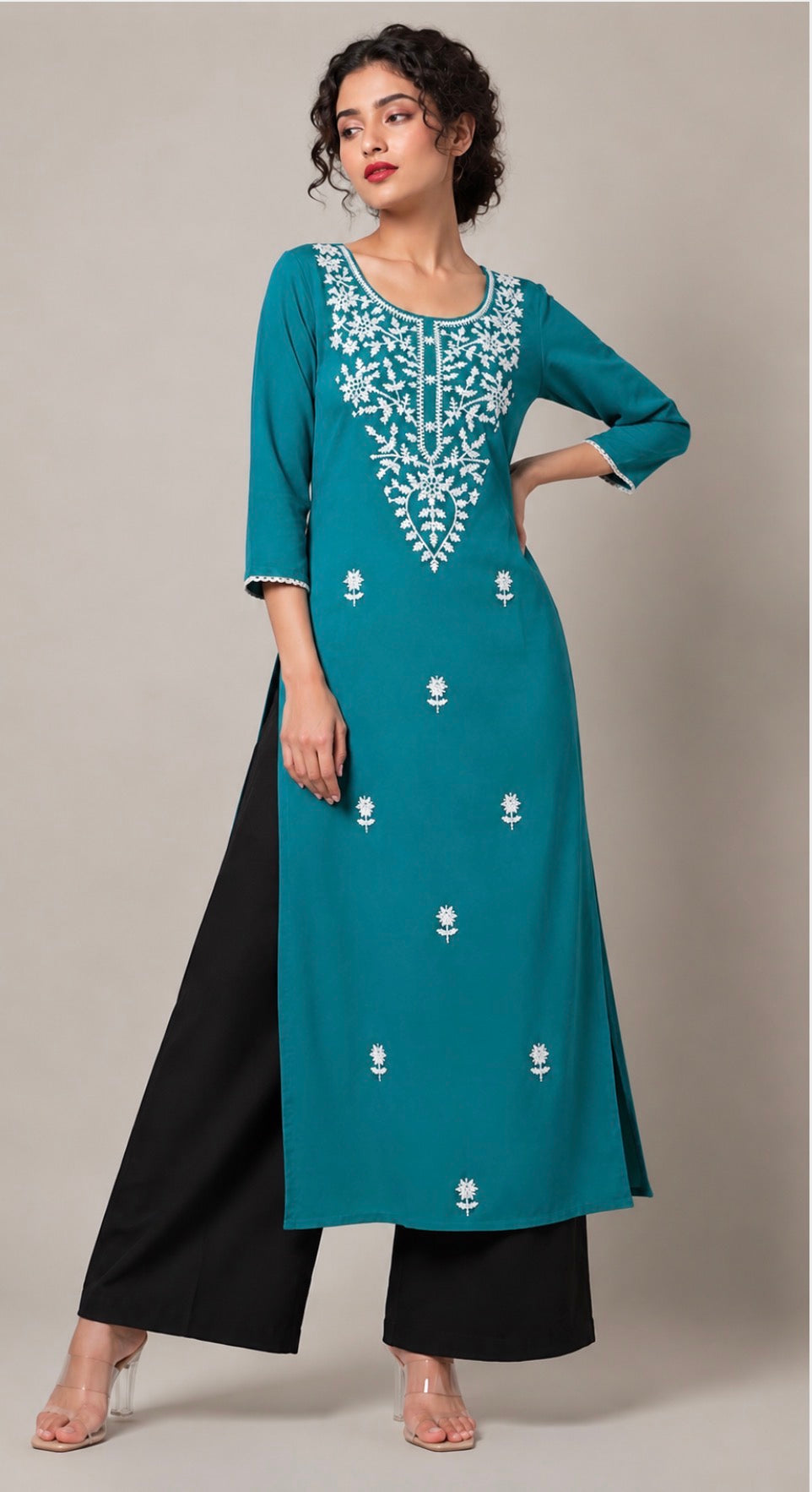 Teal Blue Chikankari Single Straight Kurti.