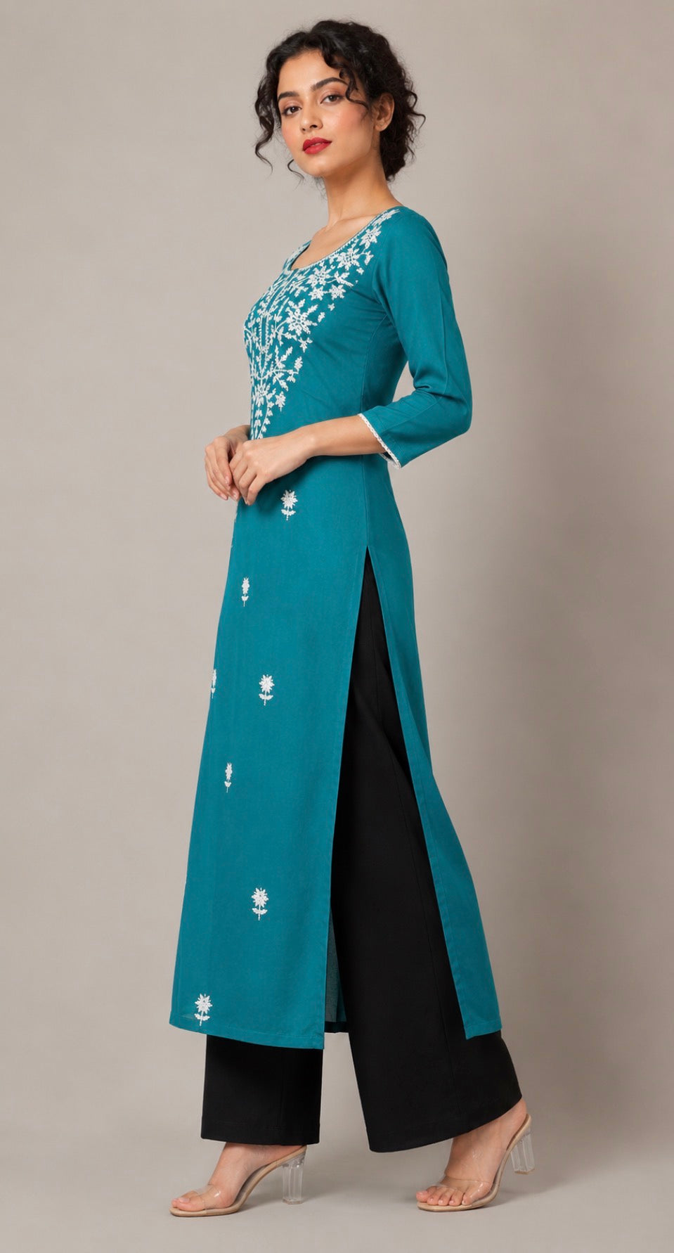 Teal Blue Chikankari Single Straight Kurti.