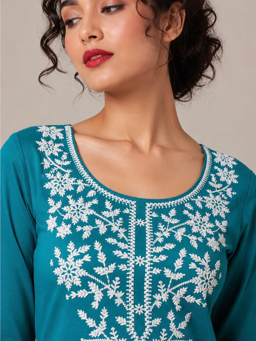 Teal Blue Chikankari Single Straight Kurti.