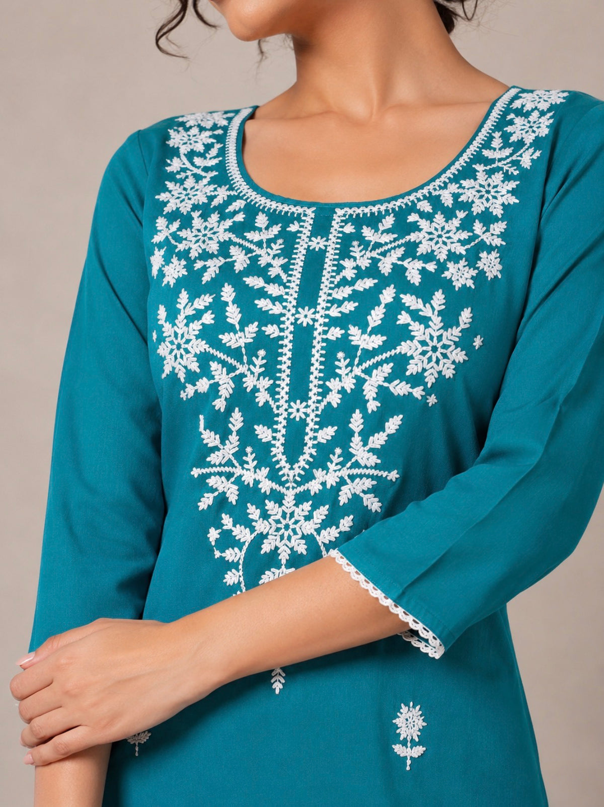 Teal Blue Chikankari Single Straight Kurti.
